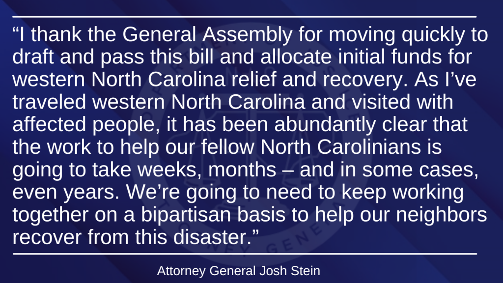 Attorney General Josh Stein Statement on Hurricane Helene Relief Bill