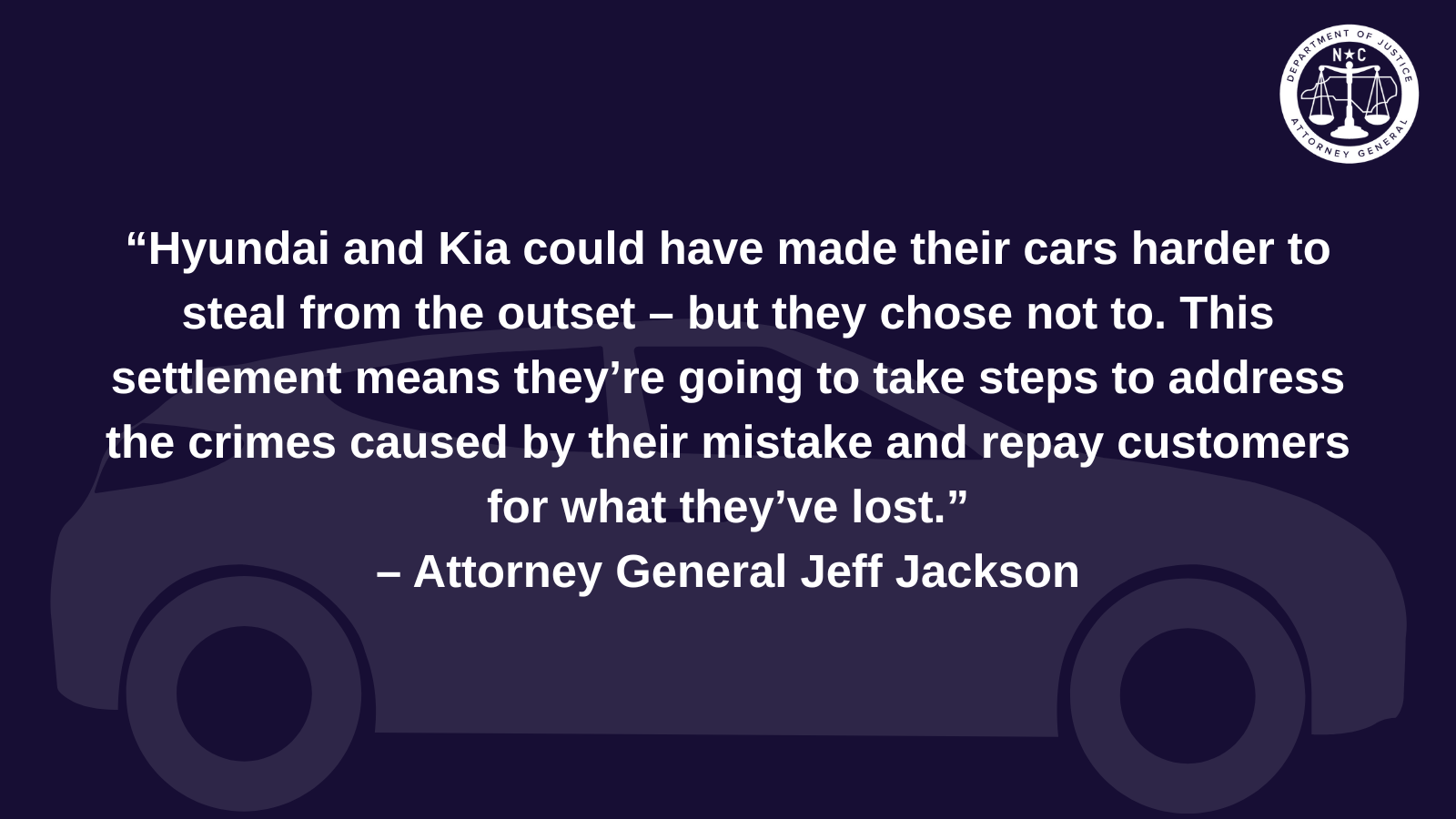 Attorney General Jeff Jackson Reaches $9 Million Settlement with Hyundai and Kia Over Car Thefts