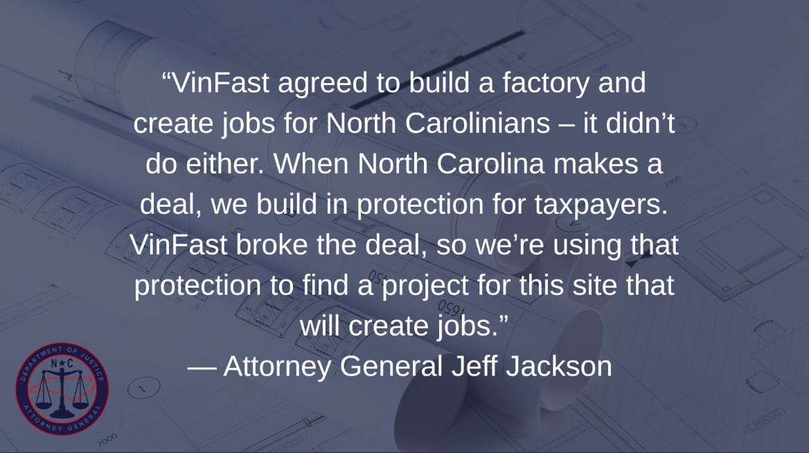 North Carolina Sues VinFast to Acquire Shovel-Ready Manufacturing Site
